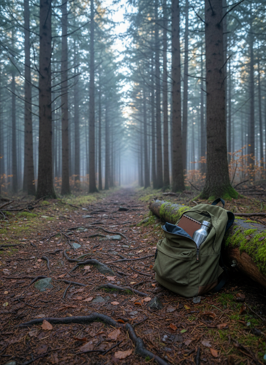 A narrow forest path covered in damp leaves winds gently between tall pines, the ground uneven and scattered with roots and small stones. Near the edge of the path, a small travel backpack made of weathered canvas leans against a moss-covered log, its zippers slightly open to reveal a rolled-up notebook and a simple metal water bottle. Early evening light filters through the canopy in cool, fragmented beams, highlighting drifting mist and casting long, soft-edged shadows across the trail. Captured in photographic realism from a low, forward-facing angle that follows the path into the distance, the composition feels atmospheric, solitary, and quietly adventurous, suggesting both outer travel and inner exploration beyond everyday routines.