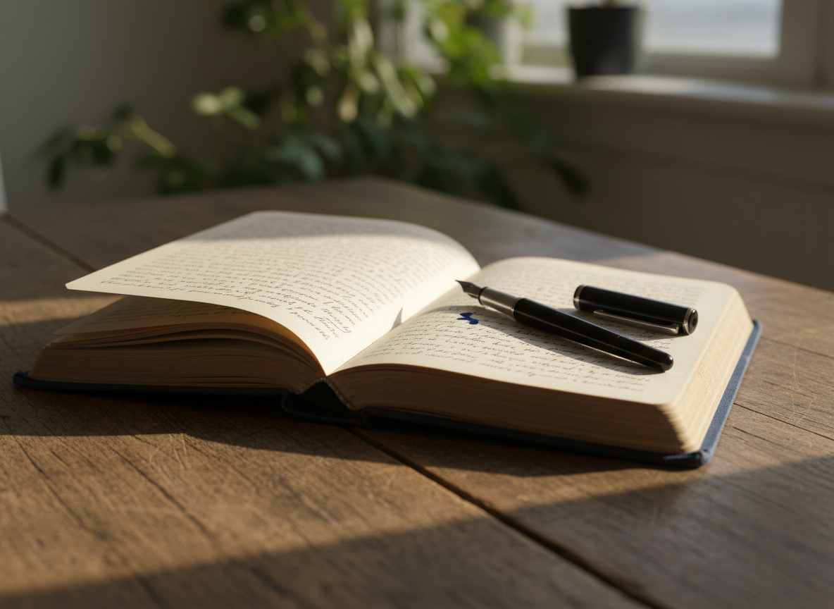 A well-worn, hardcover journal with a deep indigo cloth cover lies open on a rustic wooden table, its off-white pages filled with faint, handwritten lines that are just out of focus. A simple black fountain pen rests diagonally across the center fold, a tiny ink blot marking a recent pause in thought. Soft morning light filters through an unseen window, grazing the textured wood and creating gentle highlights along the journal’s spine. The background falls into a natural, atmospheric blur, hinting at a quiet room with plants and a distant window. Photographic realism, shot at eye level with a shallow depth of field, creates an intimate, contemplative mood that feels authentic and unposed, inviting quiet reflection and inner exploration.