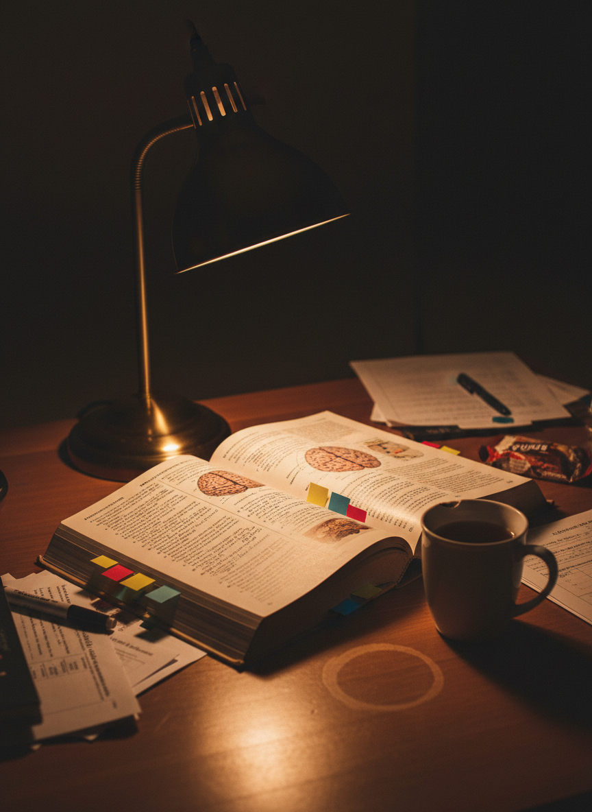 An old, slightly tarnished desk lamp with a brushed brass finish illuminates an open neuroscience textbook on a cluttered wooden desk. The pages display detailed brain diagrams just out of sharp focus, accompanied by handwritten notes in the margins and color-coded sticky tabs protruding from the edges. Nearby, a ceramic mug with a chipped rim holds cooled tea, a faint ring marking its place on the desk. The rest of the room sinks into warm darkness, with the lamp’s focused pool of light creating dramatic, intimate shadows and subtle reflections on the brass surface. Photographic realism, shot from a slightly elevated three-quarter angle, creates a moody, thoughtful atmosphere that conveys late-night study, curiosity about the mind, and genuine, self-driven exploration.