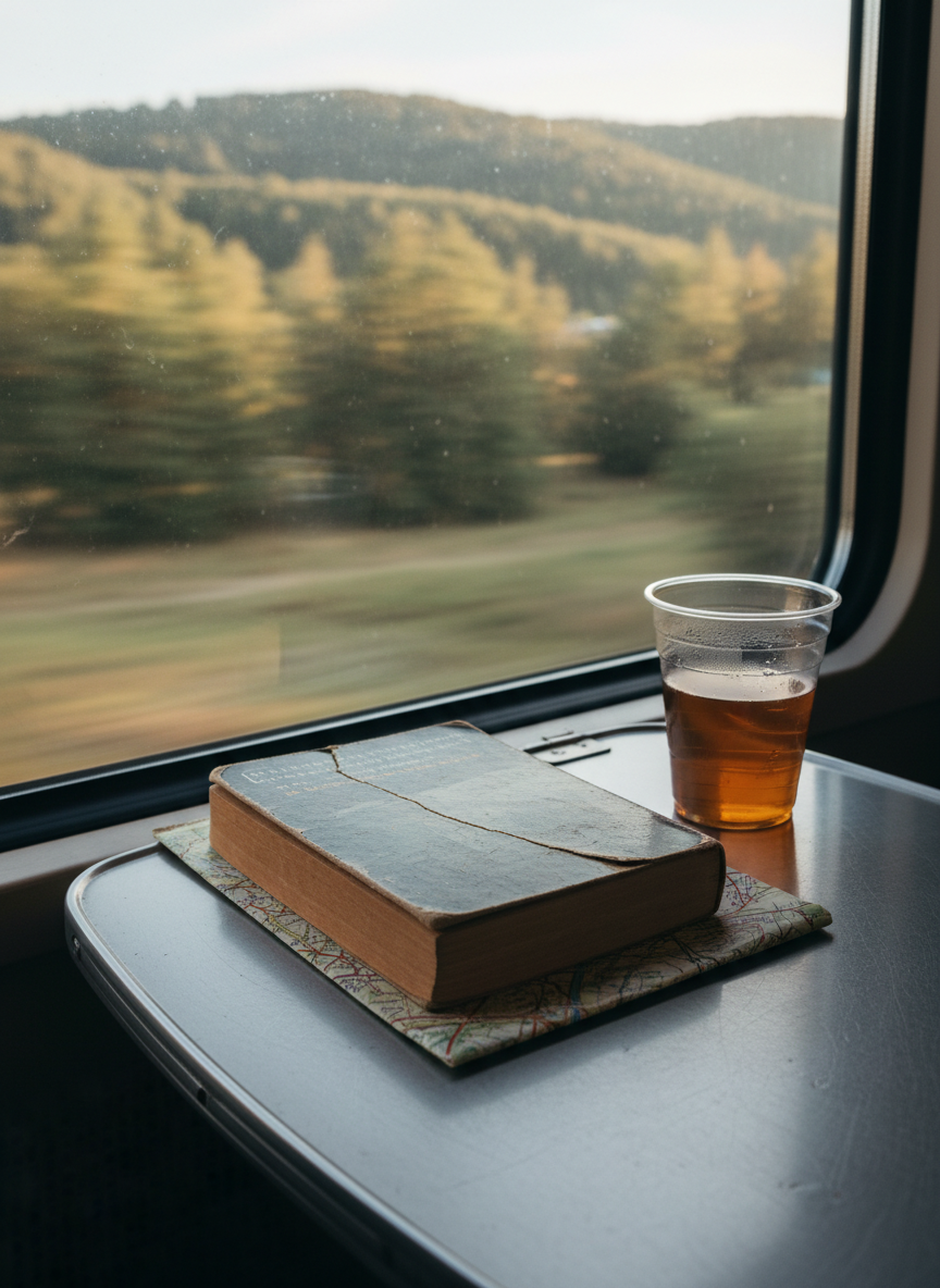 A slightly scratched metal train table by a window holds a weathered paperback book, its spine cracked and corners softened from use. Next to it, a clear plastic cup half-filled with tea reveals traces of condensation, and a folded paper map peeks from beneath the book’s cover. Outside the window, a blurred landscape of rolling hills and clusters of trees streaks past in muted greens and browns. Late afternoon light slants through the glass, leaving faint reflections on the tabletop and soft highlights along the book’s edges. Shot in photographic realism from a seated, eye-level perspective, with a shallow depth of field, the image feels introspective and atmospheric, capturing the quiet inner travel that accompanies physical journeys.